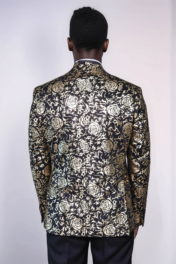 WSS Gold Rose Patterned Slim Fit Black Men Singer Tuxedo Blazer  - Lodi