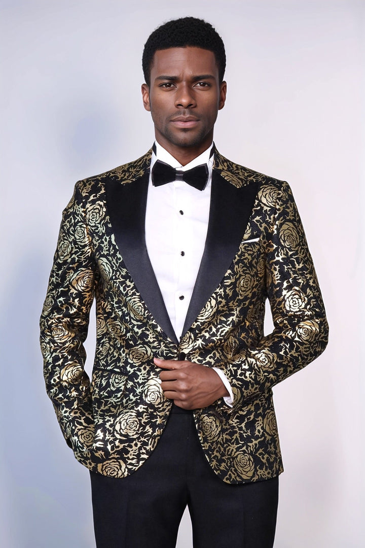WSS Gold Rose Patterned Slim Fit Black Men Singer Tuxedo Blazer  - Lodi