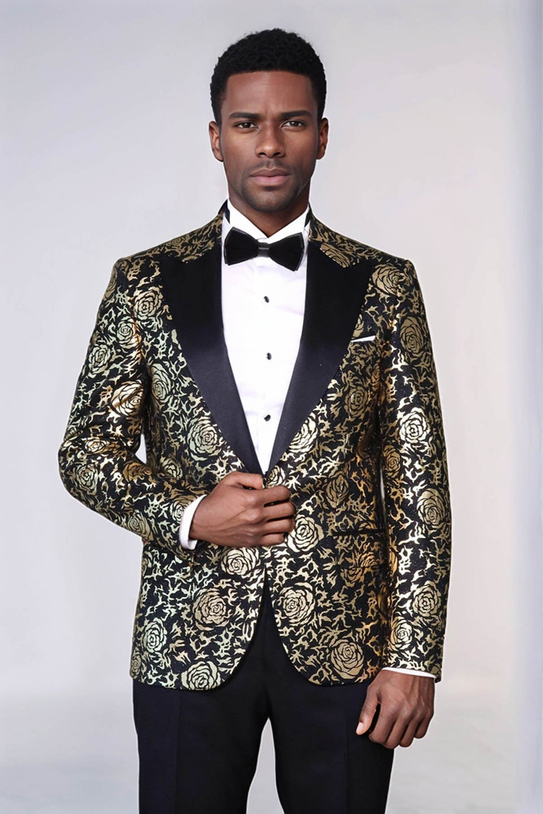 WSS Gold Rose Patterned Slim Fit Black Men Singer Tuxedo Blazer  - Lodi