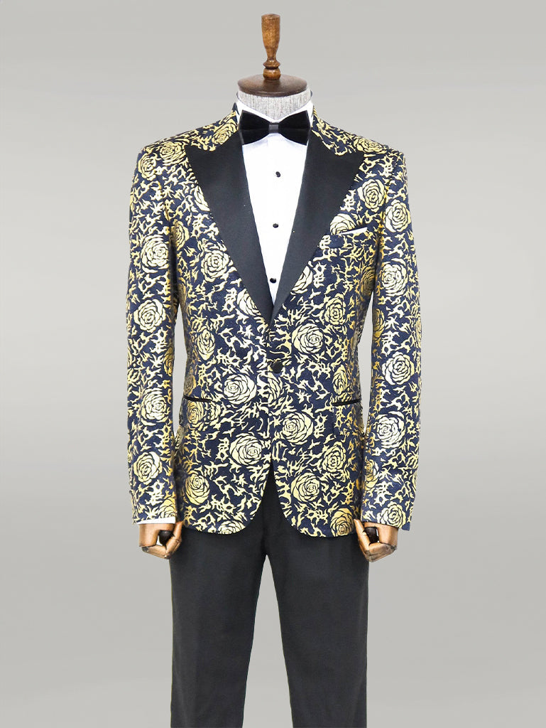 WSS Gold Rose Patterned Slim Fit Navy Blue Men Prom Blazer  - Singen