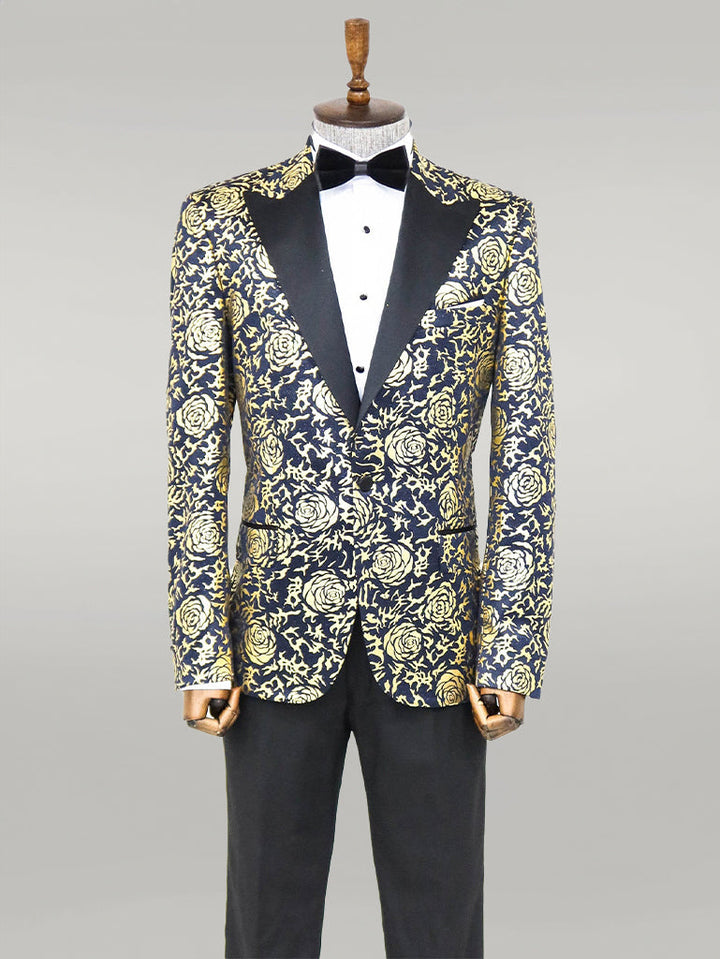 WSS Gold Rose Patterned Slim Fit Navy Blue Men Prom Blazer  - Singen