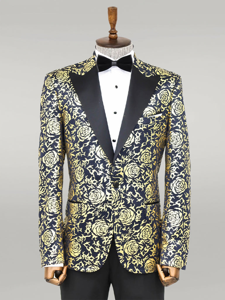WSS Gold Rose Patterned Slim Fit Navy Blue Men Prom Blazer  - Singen