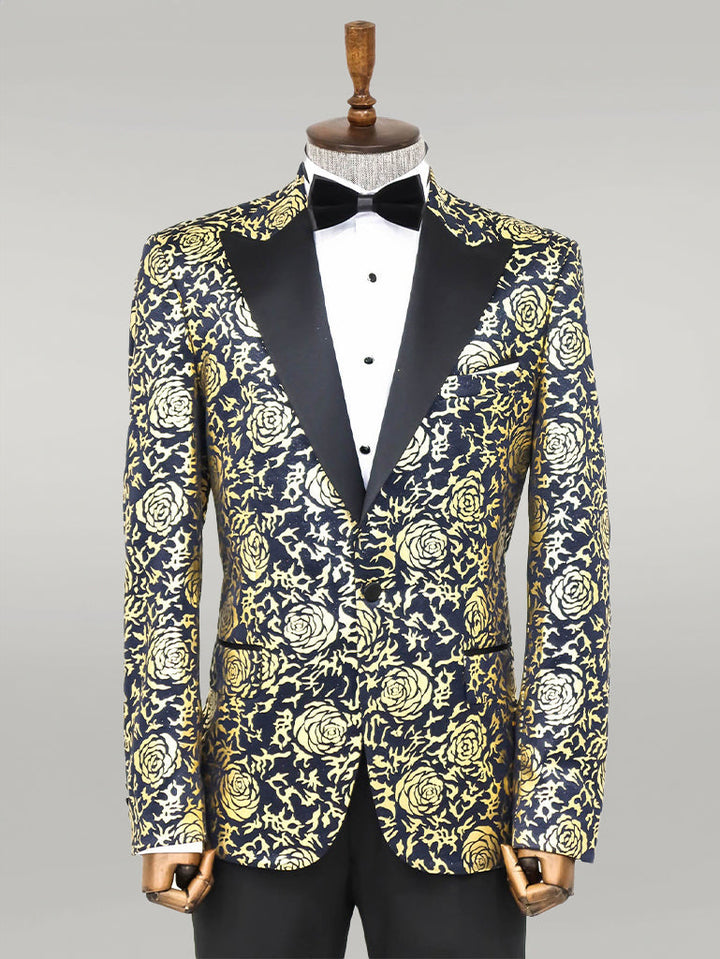 WSS Gold Rose Patterned Slim Fit Navy Blue Men Prom Blazer  - Singen
