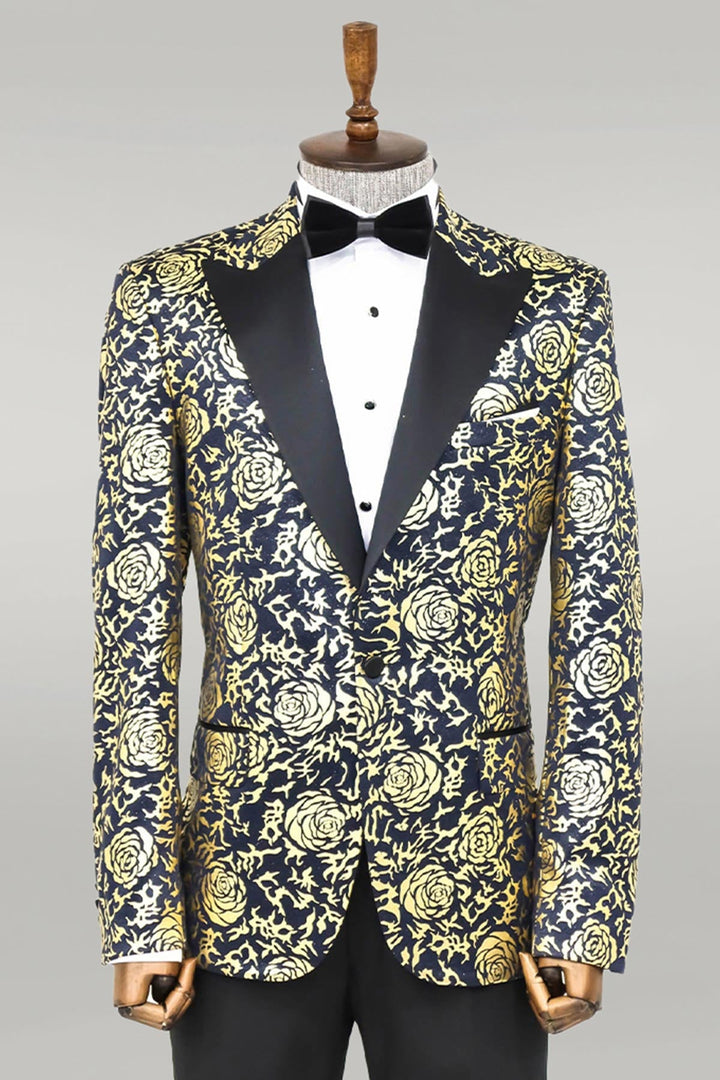 WSS Gold Rose Patterned Slim Fit Navy Blue Men Prom Blazer  - Singen