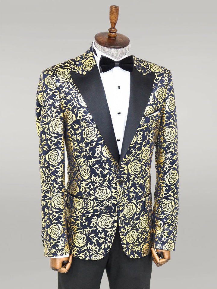 WSS Gold Rose Patterned Slim Fit Navy Blue Men Prom Blazer  - Singen