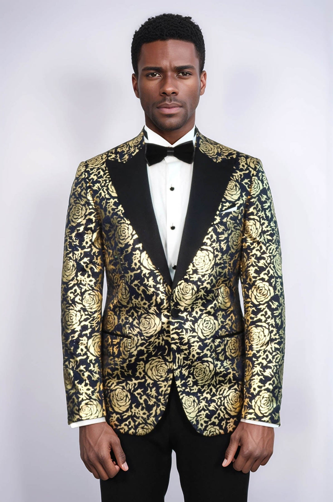 WSS Gold Rose Patterned Slim Fit Navy Blue Men Party Blazer  - Bari