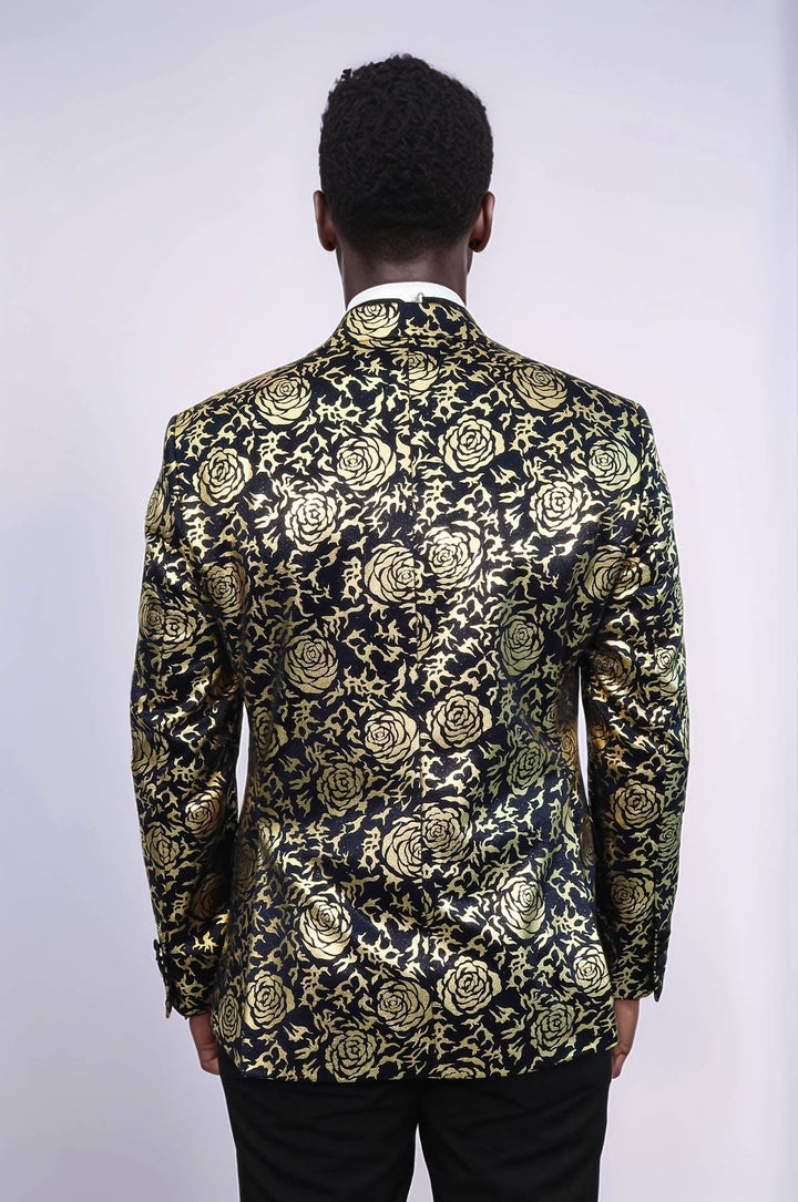 WSS Gold Rose Patterned Slim Fit Navy Blue Men Party Blazer  - Bari