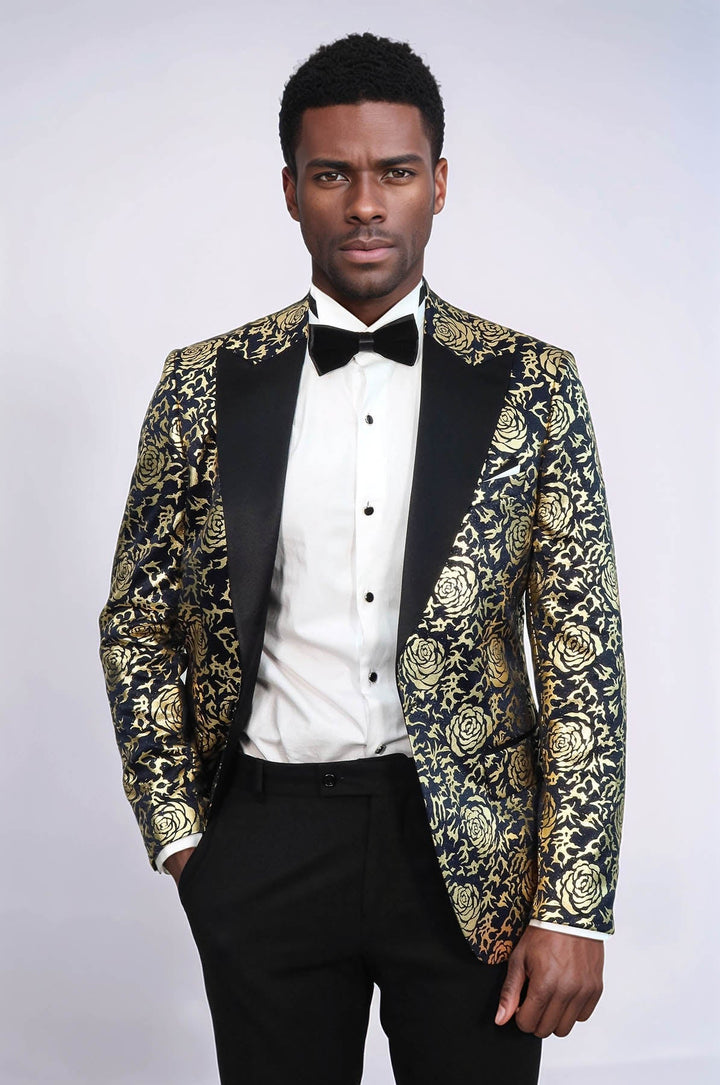 WSS Gold Rose Patterned Slim Fit Navy Blue Men Prom Blazer and Trousers Combination Suit - Ciudad Real