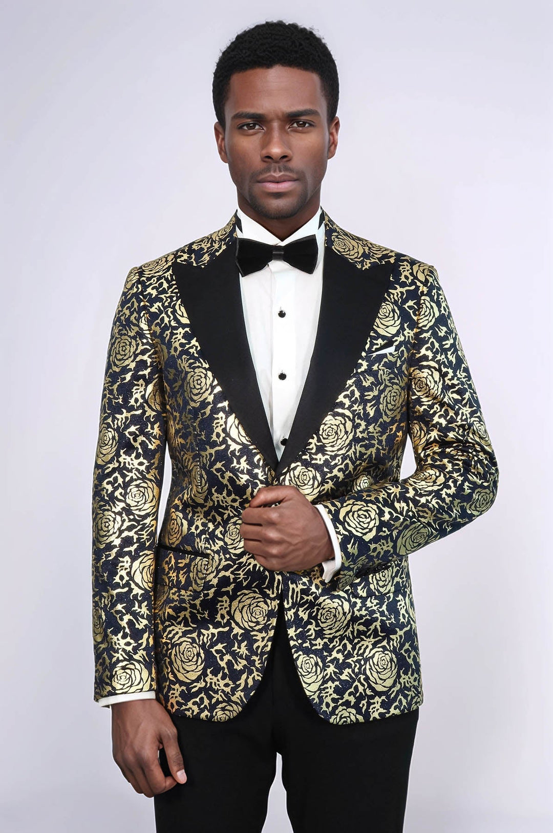 WSS Gold Rose Patterned Slim Fit Navy Blue Men Party Blazer  - Bari