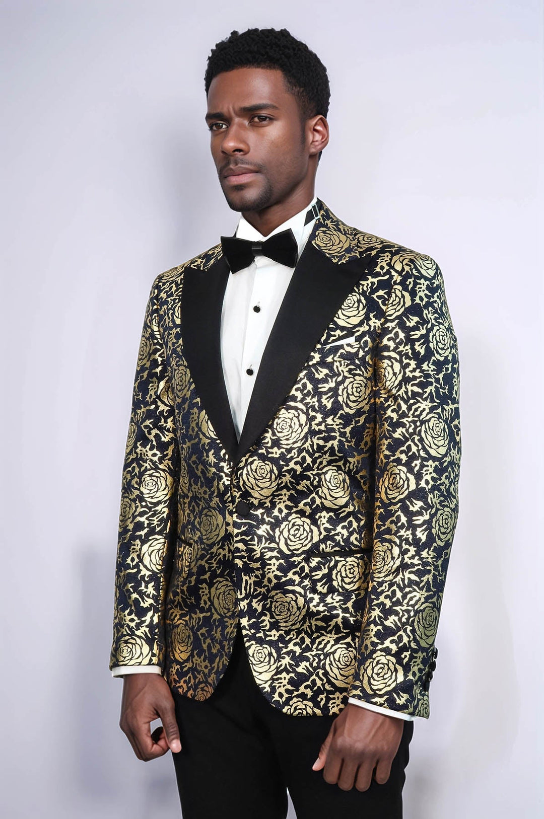 WSS Gold Rose Patterned Slim Fit Navy Blue Men Party Blazer  - Bari