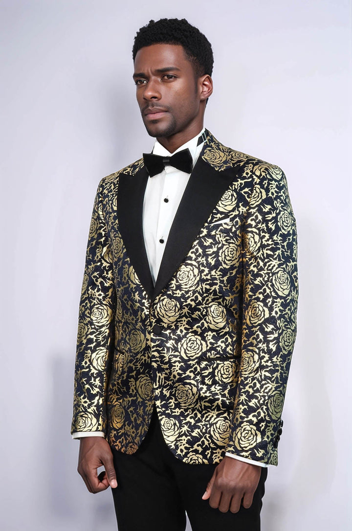 WSS Gold Rose Patterned Slim Fit Navy Blue Men Party Blazer  - Bari