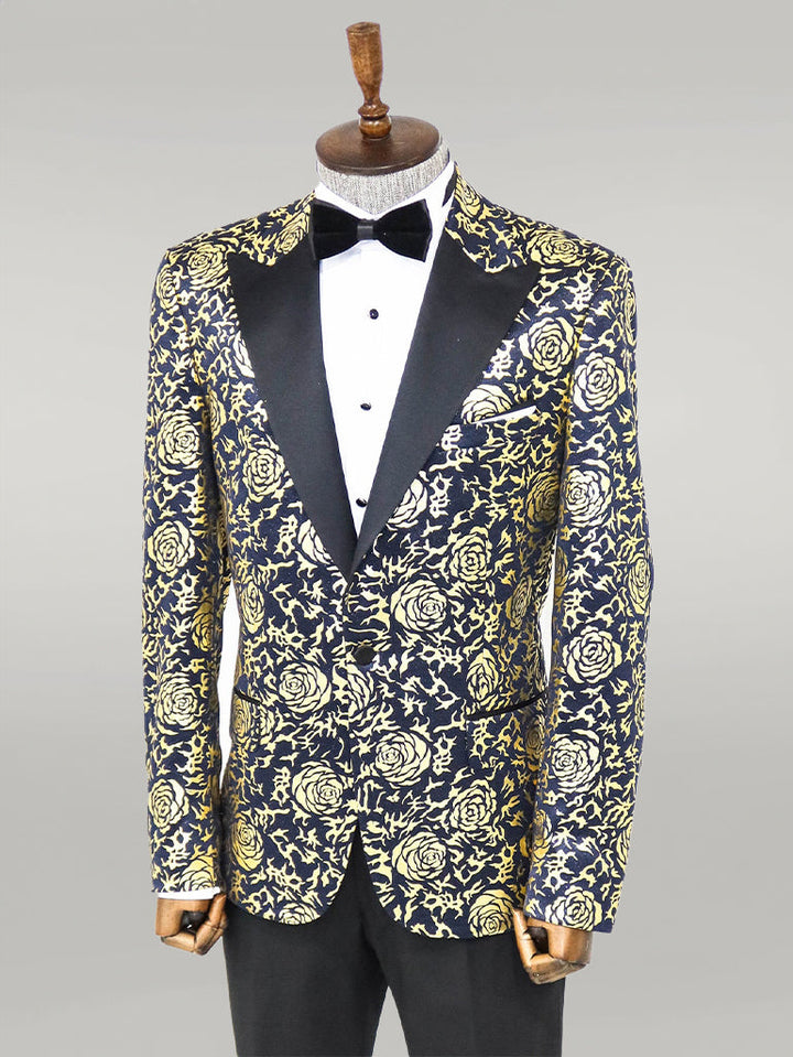 WSS Gold Rose Patterned Slim Fit Navy Blue Men Prom Blazer  - Singen