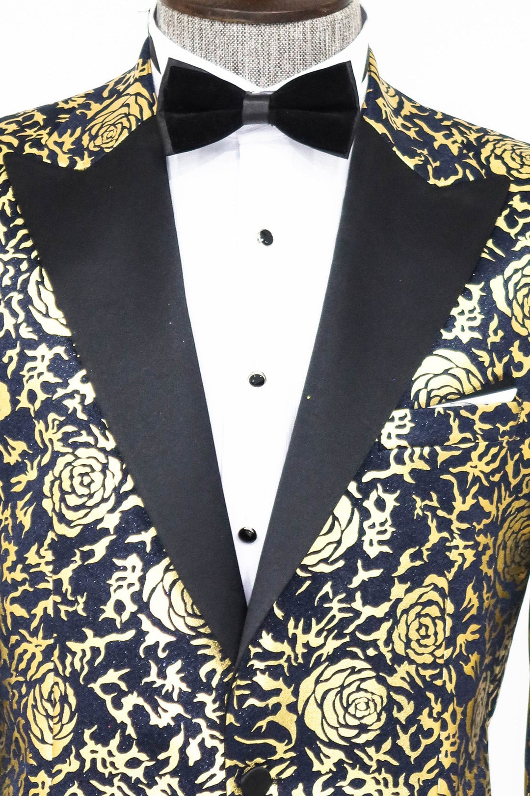 WSS Gold Rose Patterned Slim Fit Navy Blue Men Prom Blazer  - Singen