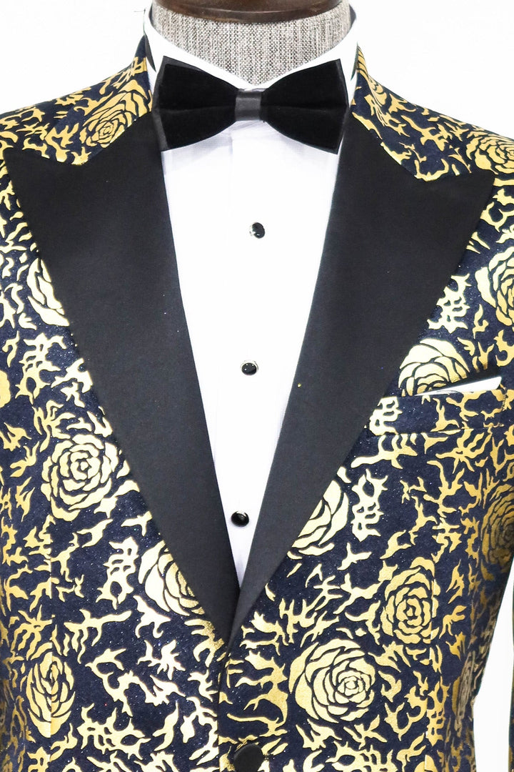 WSS Gold Rose Patterned Slim Fit Navy Blue Men Prom Blazer  - Singen