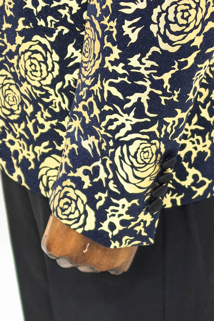 WSS Gold Rose Patterned Slim Fit Navy Blue Men Prom Blazer  - Singen