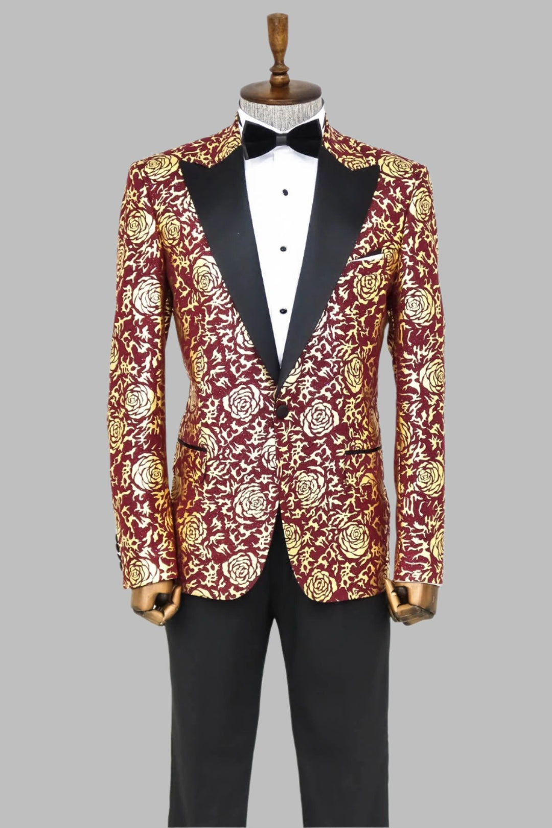 WSS Gold Rose Patterned Slim Fit Burgundy Men Prom Blazer  - Singen