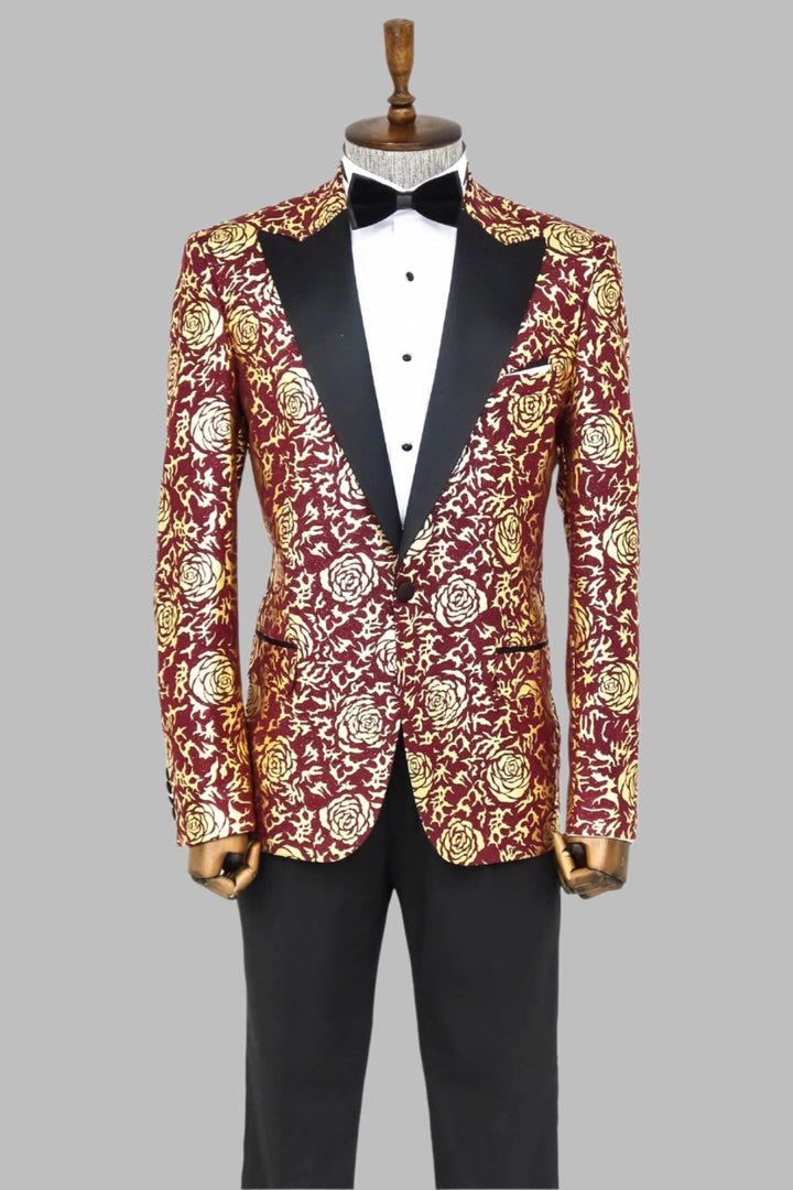 WSS Gold Rose Patterned Slim Fit Burgundy Men Prom Blazer  - Singen