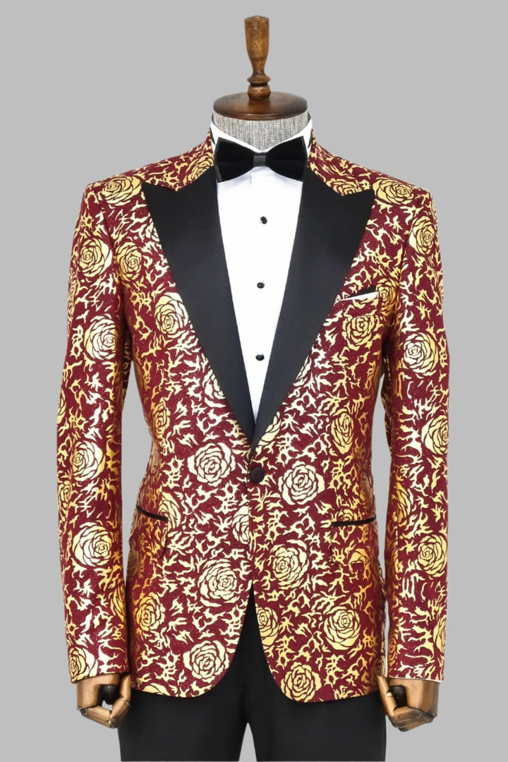 WSS Gold Rose Patterned Slim Fit Burgundy Men Prom Blazer  - Singen