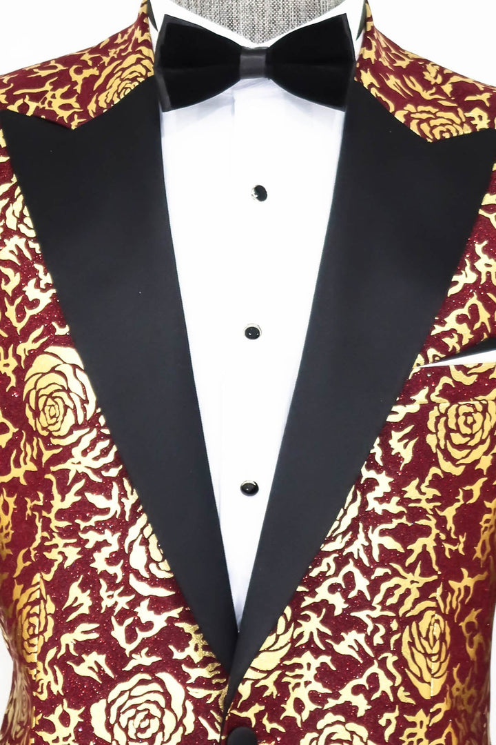 WSS Gold Rose Patterned Slim Fit Burgundy Men Prom Blazer  - Singen
