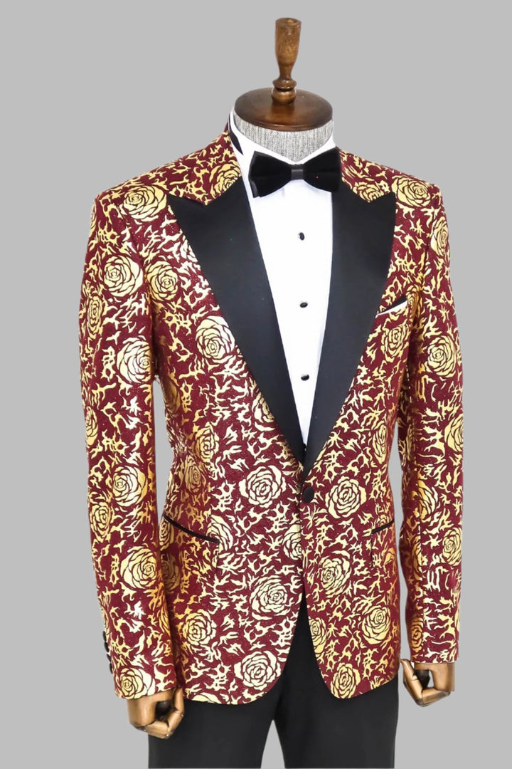 WSS Gold Rose Patterned Slim Fit Burgundy Men Prom Blazer  - Singen