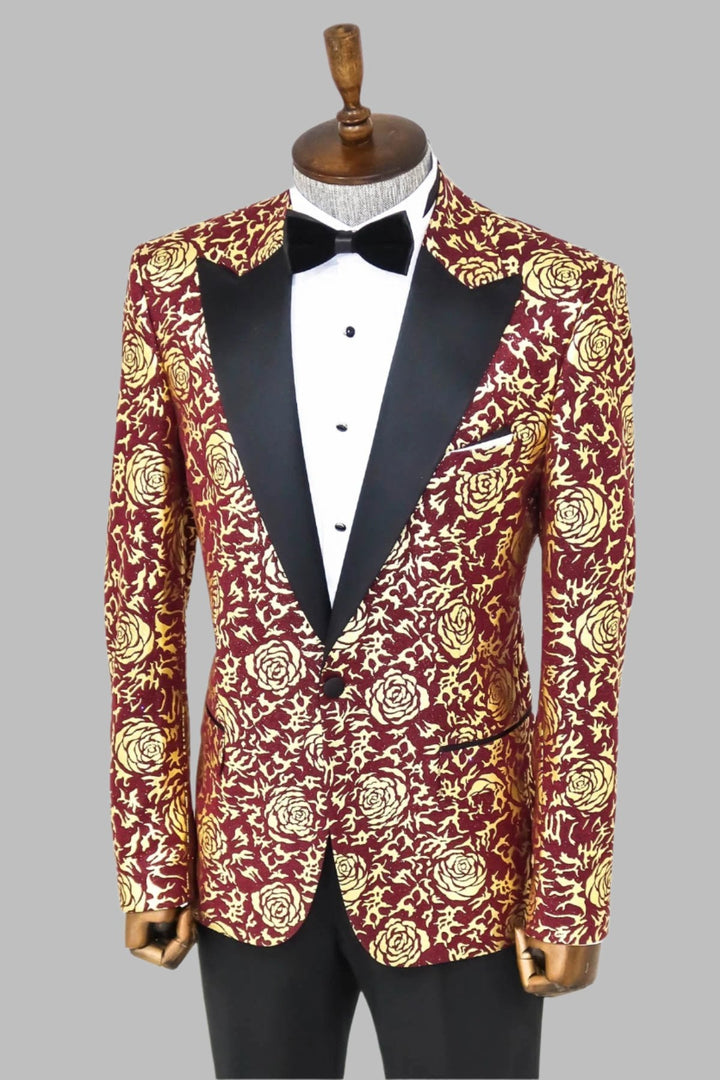 WSS Gold Rose Patterned Slim Fit Burgundy Men Prom Blazer  - Singen
