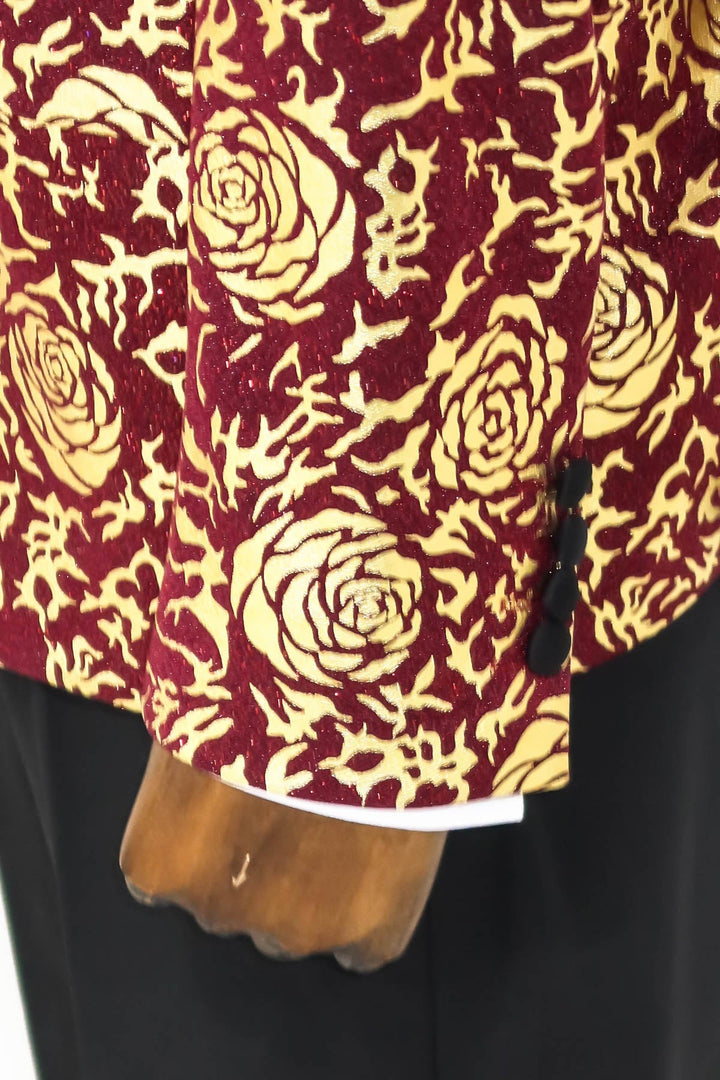 WSS Gold Rose Patterned Slim Fit Burgundy Men Prom Blazer  - Singen
