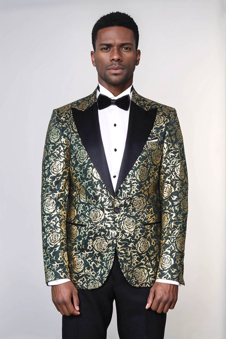 WSS Gold Rose Patterned Slim Fit Green Men Singer Tuxedo Jacket  - Santa María Huatulco