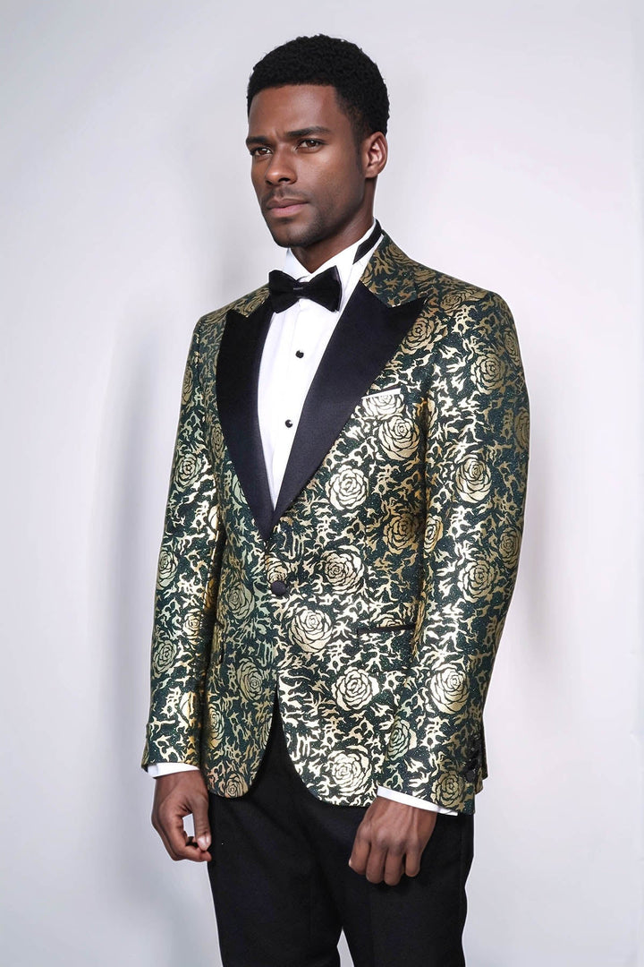 WSS Gold Rose Patterned Slim Fit Green Men Singer Tuxedo Jacket  - Santa María Huatulco