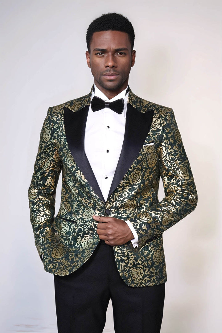 WSS Gold Rose Patterned Slim Fit Green Men Singer Tuxedo Jacket  - Santa María Huatulco