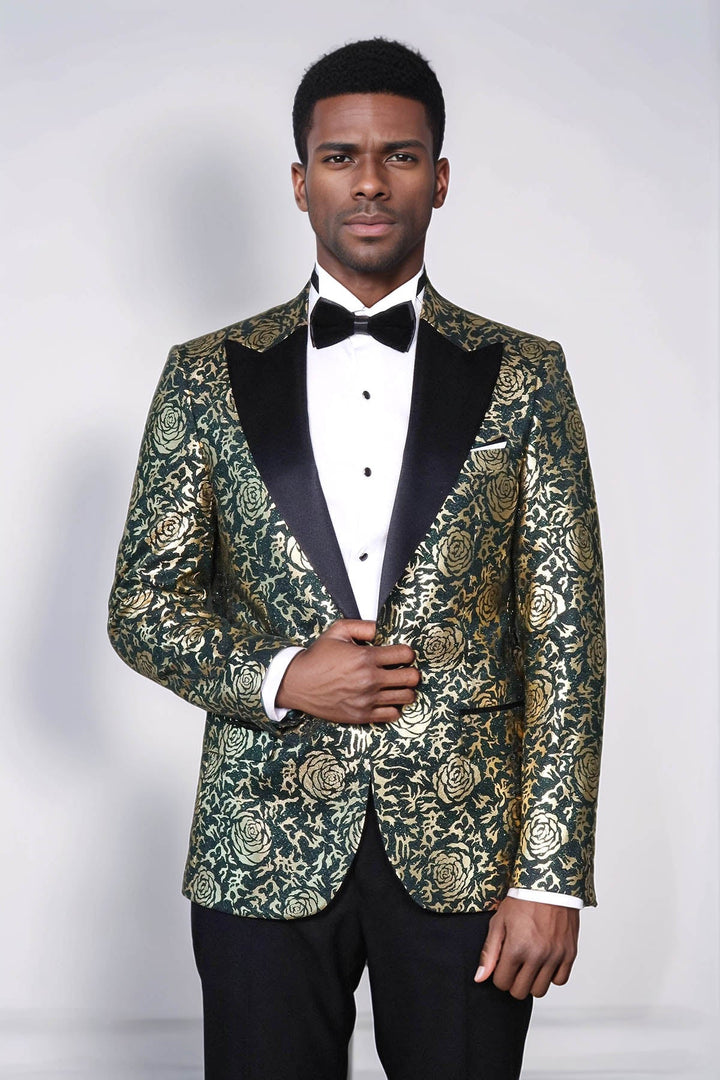 WSS Gold Rose Patterned Slim Fit Green Men Singer Tuxedo Jacket  - Santa María Huatulco