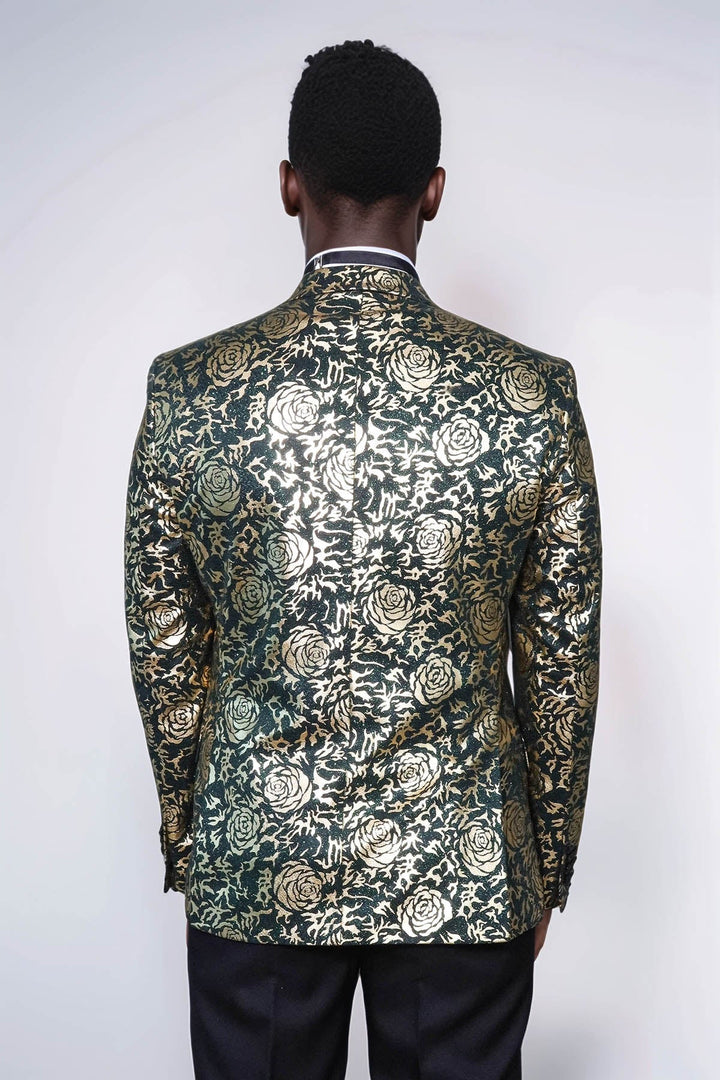 WSS Gold Rose Patterned Slim Fit Green Men Singer Tuxedo Jacket  - Santa María Huatulco