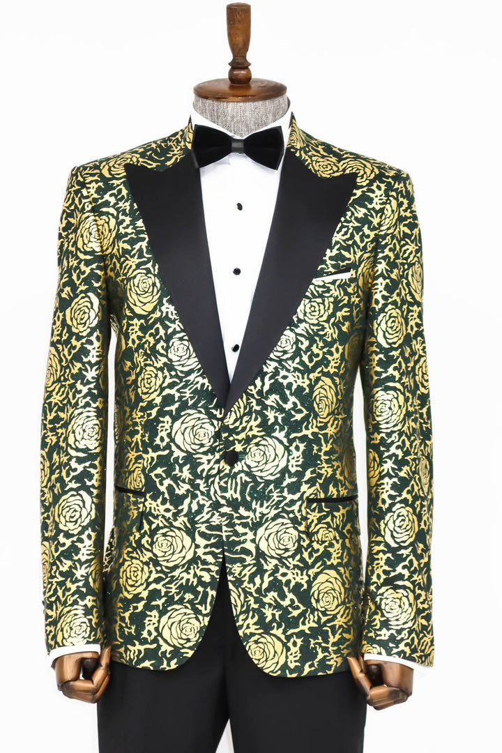 WSS Gold Rose Patterned Slim Fit Green Men Prom Blazer  - Singen