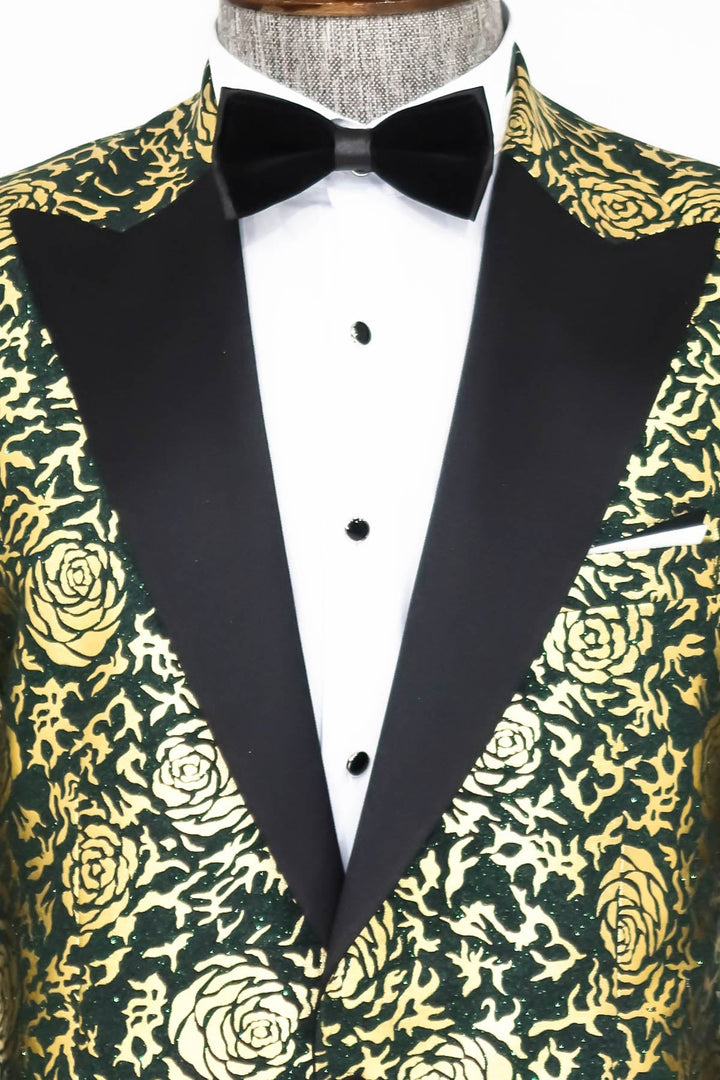 WSS Gold Rose Patterned Slim Fit Green Men Prom Blazer  - Singen