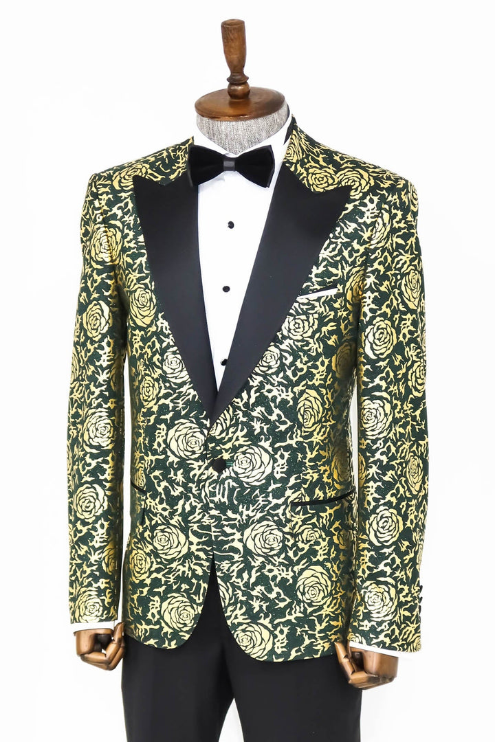 WSS Gold Rose Patterned Slim Fit Green Men Prom Blazer  - Singen