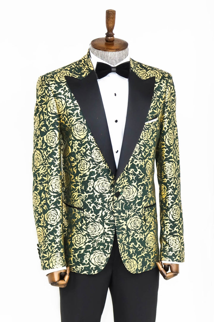 WSS Gold Rose Patterned Slim Fit Green Men Prom Blazer  - Singen