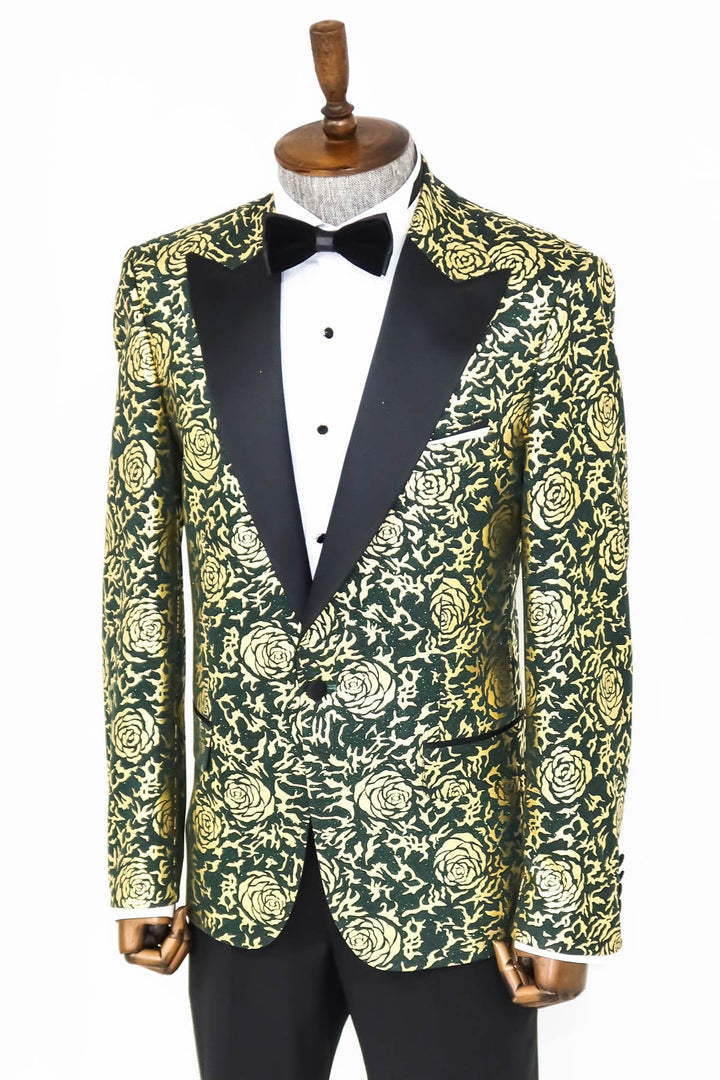 WSS Gold Rose Patterned Slim Fit Green Men Prom Blazer  - Singen