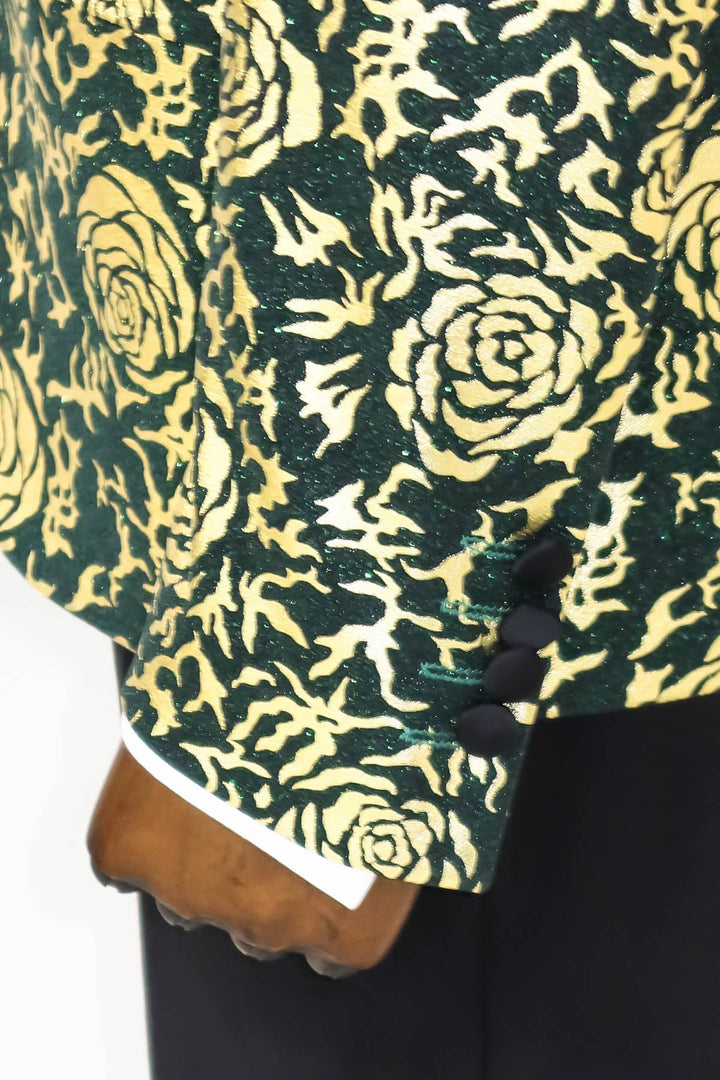 WSS Gold Rose Patterned Slim Fit Green Men Prom Blazer  - Singen