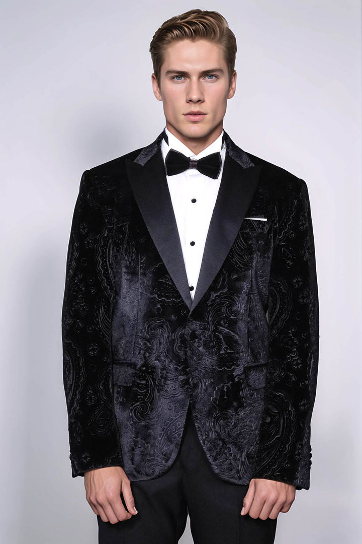 WSS Floral Patterned Velvet Black Men Wedding Tuxedo Blazer  - Antioch