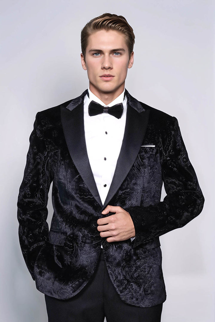 WSS Floral Patterned Velvet Black Men Wedding Tuxedo Blazer  - Antioch