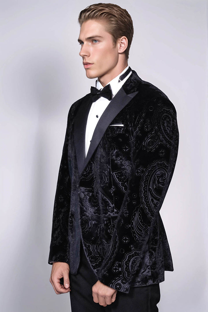 WSS Floral Patterned Velvet Black Men Wedding Tuxedo Blazer  - Antioch