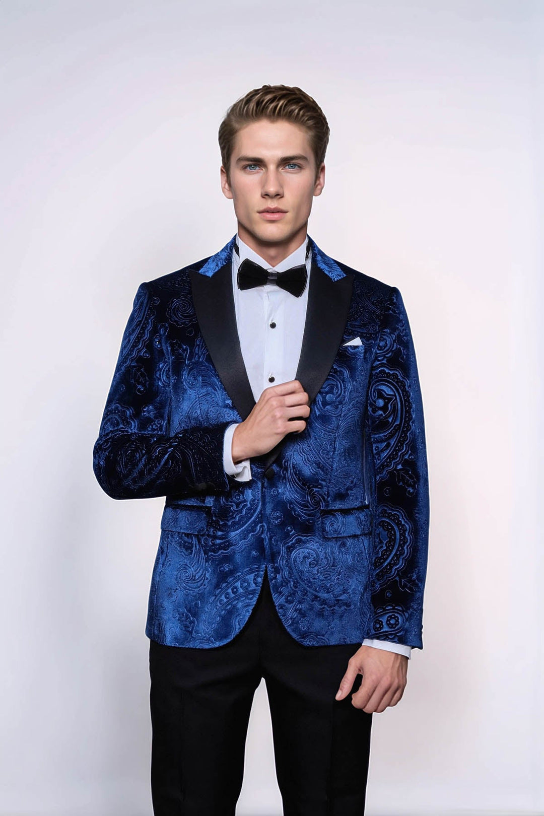 WSS Floral Patterned Velvet Navy Blue Men Tuxedo Blazer  - Brescia