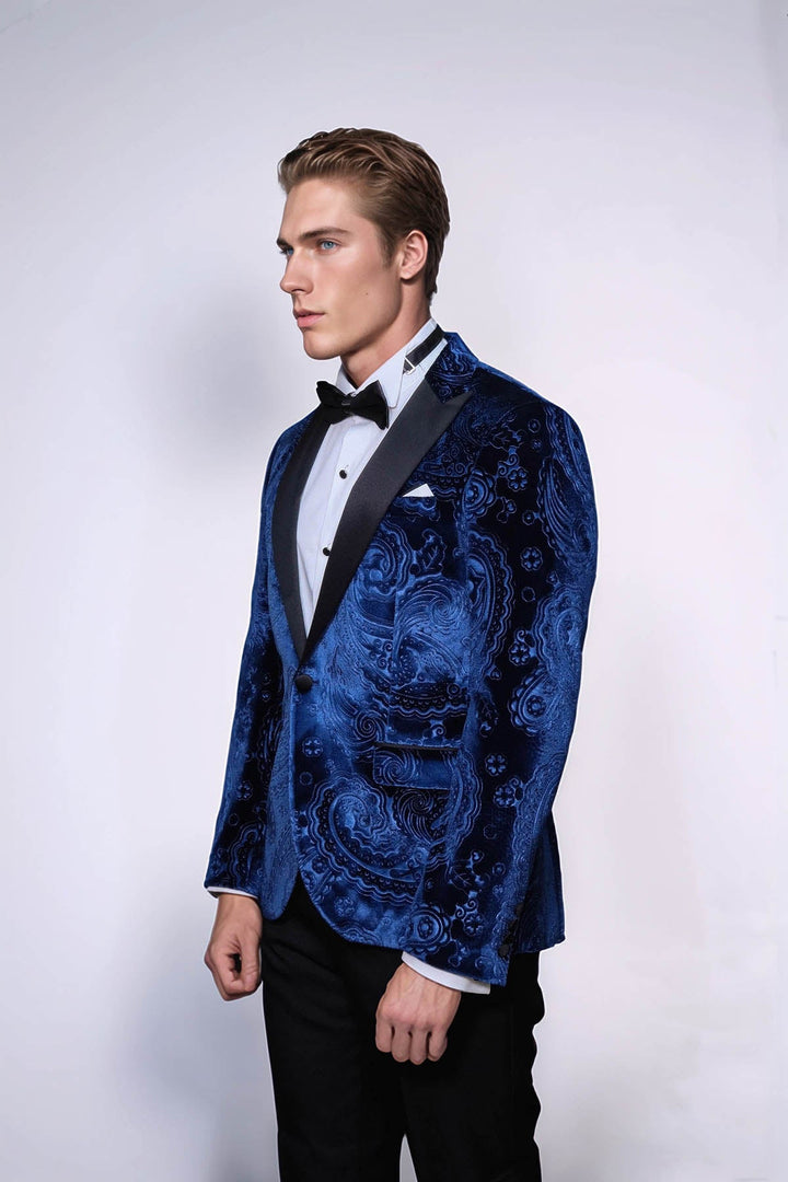 WSS Floral Patterned Velvet Navy Blue Men Tuxedo Blazer  - Brescia