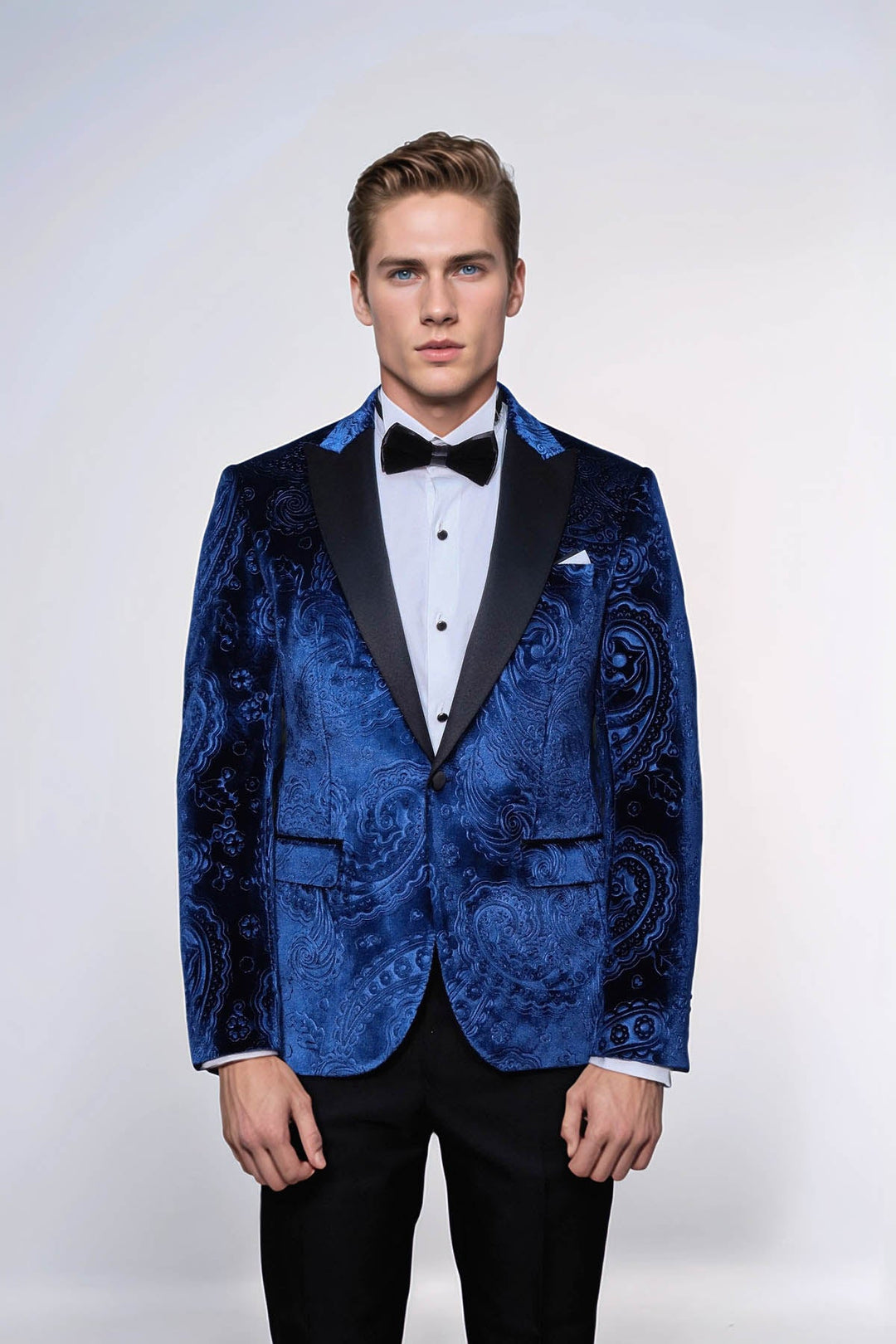 WSS Floral Patterned Velvet Navy Blue Men Tuxedo Blazer  - Brescia