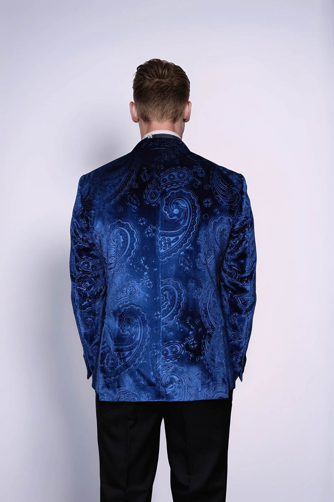 WSS Floral Patterned Velvet Navy Blue Men Tuxedo Blazer  - Brescia