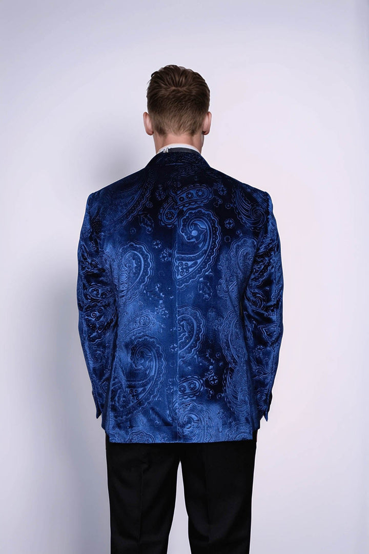 WSS Floral Patterned Velvet Navy Blue Men Tuxedo Blazer  - Brescia