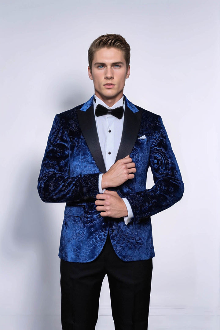 WSS Floral Patterned Velvet Navy Blue Men Tuxedo Blazer  - Brescia