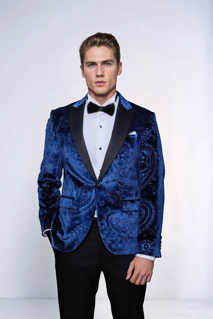 WSS Floral Patterned Velvet Navy Blue Men Tuxedo Blazer  - Brescia