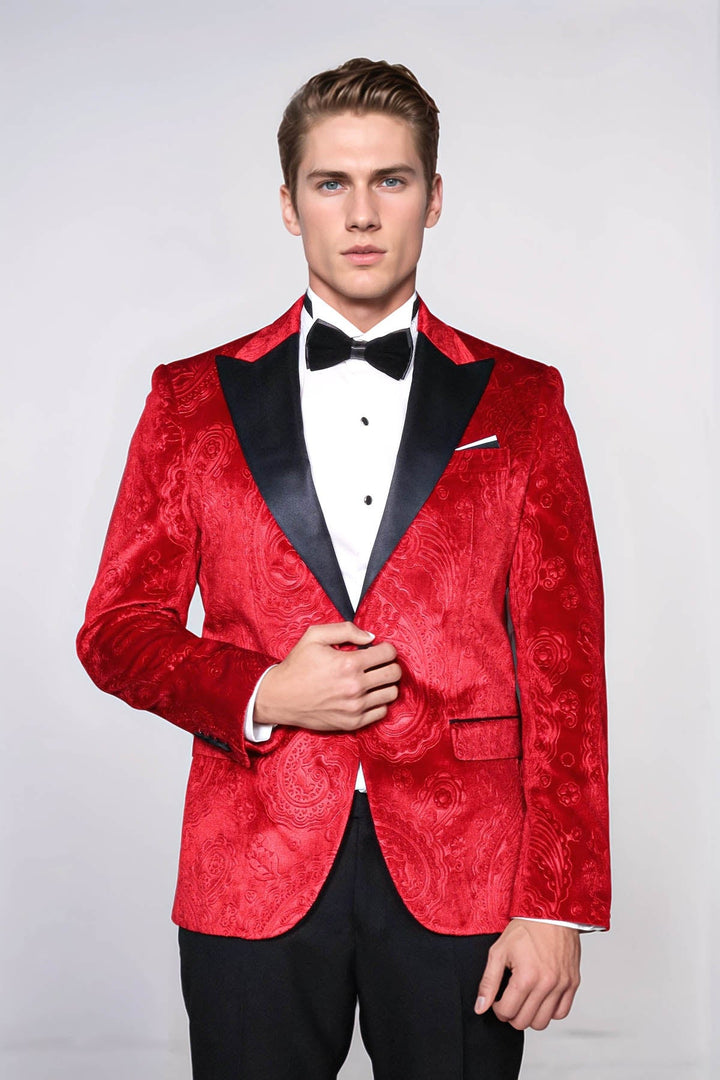 WSS Floral Patterned Velvet Burgundy Men Tuxedo Jacket  - French Valley
