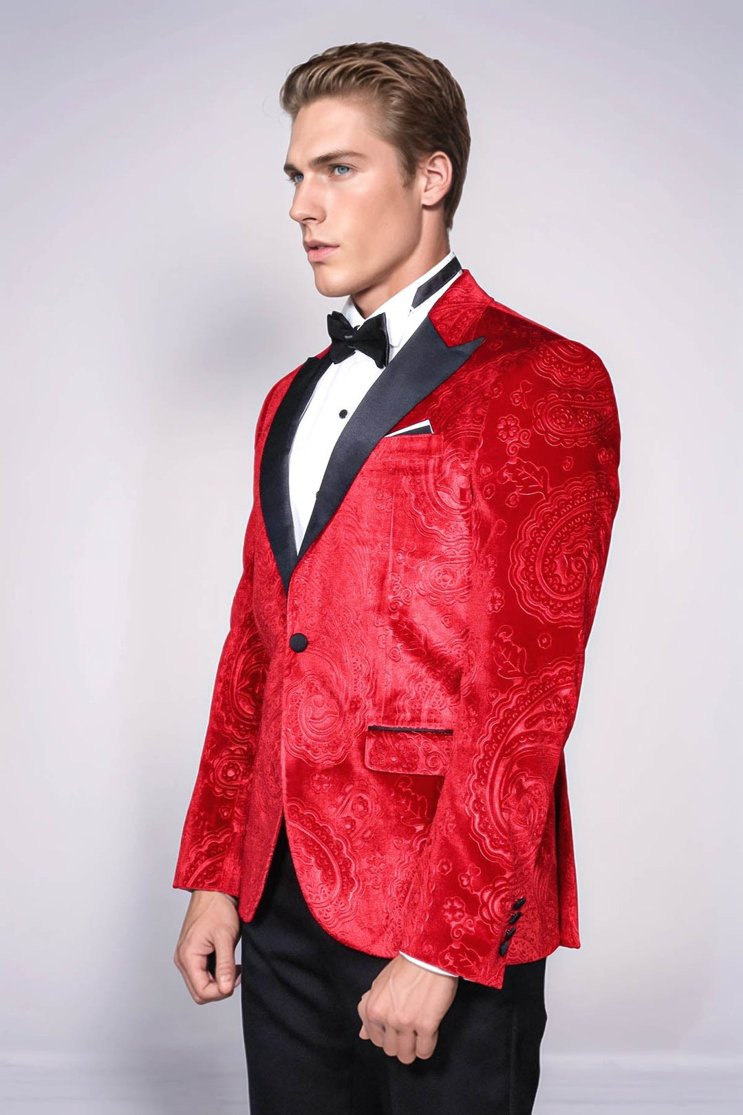 WSS Floral Patterned Velvet Burgundy Men Tuxedo Jacket  - French Valley