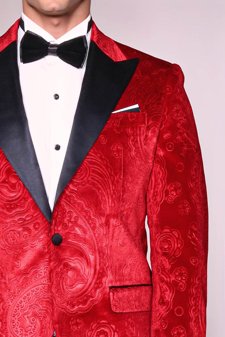 WSS Floral Patterned Velvet Burgundy Men Tuxedo Jacket  - French Valley